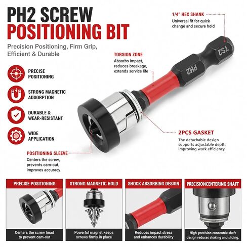 6 Pcs Magnetic Drywall Screw Setter, 1/4" Hex Shank Drill Positioning Tools with Detachable Aluminum Depth Collar, Adjustable Depth PH2 Positioning Bits for Plasterboard Screws in Kuwait