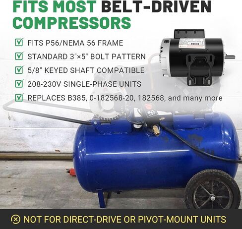 B385 5 HP SPL Air Compressor Motor, 3450 RPM 208-230V Single Phase, P56 Frame CCW Rotation, 5/8" Keyed Shaft, ODP Rigid Base Mount in Kuwait