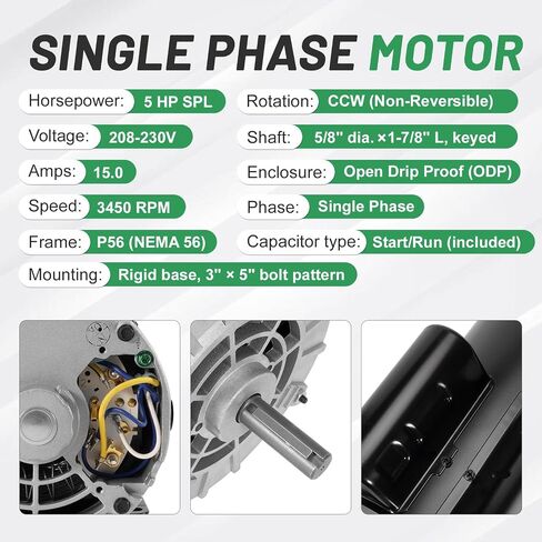 B385 5 HP SPL Air Compressor Motor, 3450 RPM 208-230V Single Phase, P56 Frame CCW Rotation, 5/8" Keyed Shaft, ODP Rigid Base Mount in Kuwait
