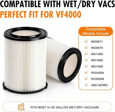 VF4000 Replacement Filter 2 Pack for RIDGID WD0600 WD0620 WD0670 WD1250 WD1450 Wet Dry Vacuum, Compatible with Shop-Vac 5–20 Gallon, Craftsman 17816, Husky 6–9 Gallon Cartridge Filter in Kuwait