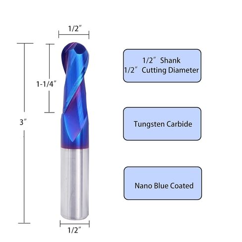 NE11 CNC Router Bits Carbide Ball Nose End Mill with Nano Blue Coating 1/2inch Shank 3inch OVL for Side Milling End Milling Finish Machining(1/2" CD X 1-1/4"CL X 1/2" SD X 3" OL) in Kuwait