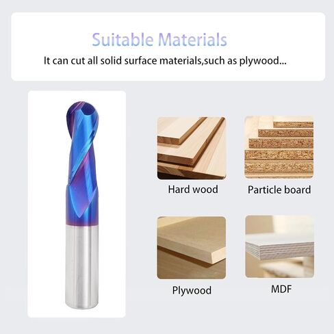 NE11 CNC Router Bits Carbide Ball Nose End Mill with Nano Blue Coating 1/2inch Shank 3inch OVL for Side Milling End Milling Finish Machining(1/2" CD X 1-1/4"CL X 1/2" SD X 3" OL) in Kuwait