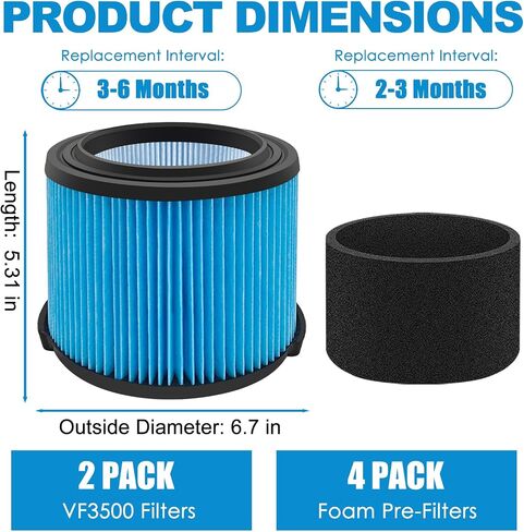 VF3500 Filter Replacement for Rigid 4 Gallon Shop Vacuum, 26643 Fine Dust Filter for 3/4/4.5 Gallon Wet Dry Portable Vacuums, Replaces WD40700, WD30500-2 Pack in Kuwait