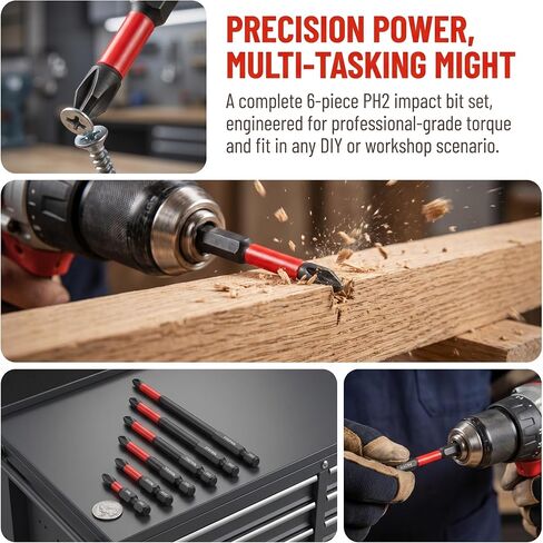 [6pcs Magnetic Screwdriver Bit Set] 6pcs Anti-Slip S2 Steel Magnetic Screwdriver Drill Bit Set, 1/4" Shank, Phillips Cross & Impact Heads, Red & Black, for Electric & Manual Drivers in Kuwait