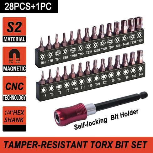 Torx Bit Set 28+1pcs (T5-T50), 1/4 Hex-Shank S2 Steel Security Torx Bit Set, Magnetic Tamper Proof Star Bit Set with 4" Long Bit Holder and Storage Box in Kuwait