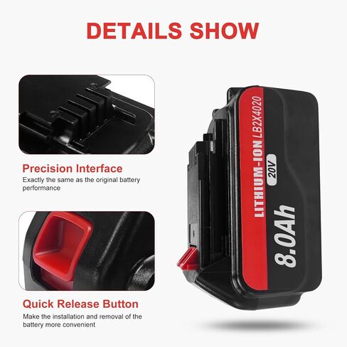 DZEKO 8.0Ah 2 Packs Lithium Battery Replacement for Black and Decker 20V Lithium Battery LB2X4020 LB2X4020-OPE LBXR20 LBXR2020APB Compatible with Black+Decker 20V Max Tools and Chargers in Kuwait