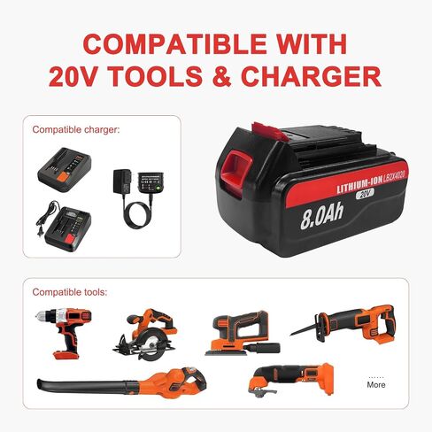 DZEKO 8.0Ah 2 Packs Lithium Battery Replacement for Black and Decker 20V Lithium Battery LB2X4020 LB2X4020-OPE LBXR20 LBXR2020APB Compatible with Black+Decker 20V Max Tools and Chargers in Kuwait