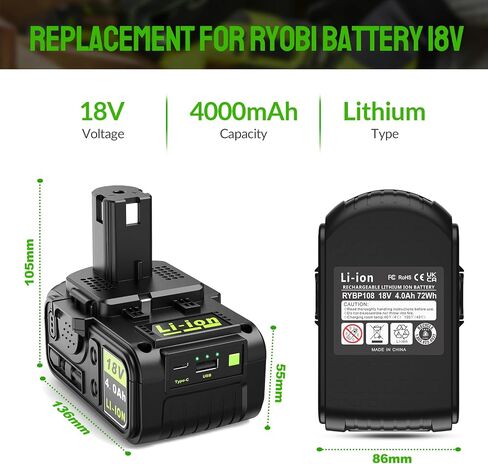 Abeden Replacement for Ryobi 18V Battery, 1-Pack P108 4.0 Ah True High-Performance Compatible with 225+ 18V ONE+ Tools & Chargers【with USB & Type-C Ports】 in Kuwait