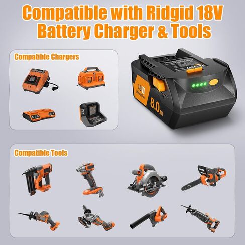 2Pack 8000mAh for Ridgid 18V Battery and Charger with LED Power Display Replacement R840087 R840086 R840085 R840083 R840089 AC840085 AC840086 AC840087P AC840089 and More Tools in Kuwait