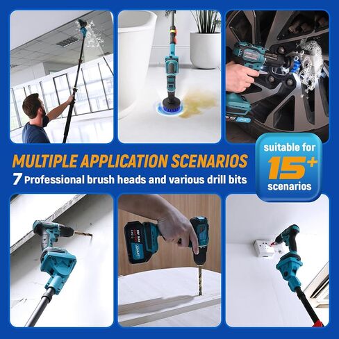 Cordless Telescoping Power Drill&Cleaning Tools with 2-Max 20V Batteries and 2.0A Charger 2-in-1 Cordless Pole Drill and Cleaning Brush from 5.3 to 15ft&Head Pivots 180° Telescoping Pole in Kuwait