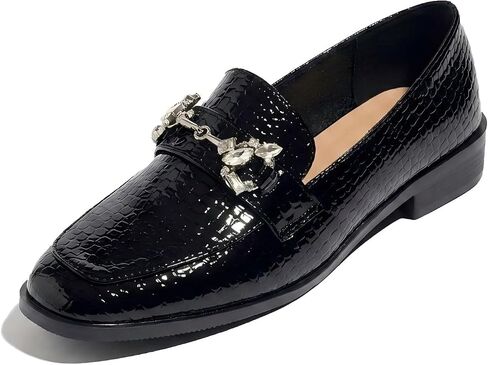 Women's Patent Croc-Embossed Loafers with Rhinestone Buckle Comfortable Square Toe Non-Slip Slip-On Low Chunky Heel Dress Shoes for Office Work School Uniform Dressy Occasions in Kuwait
