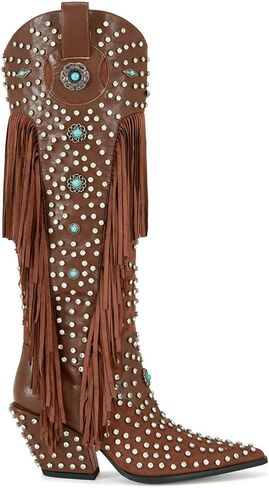 Cowboy Boots for Women Fringe Boots Chunky Heel Knee High Cowgirl Boots with Turquoise Studded Vintage Western Wide Calf Boots in Kuwait