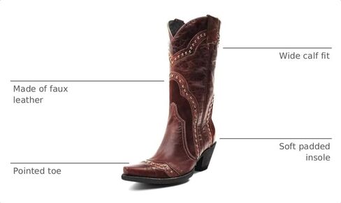 Agodor Brown Cowboy Boots For Women Cowgirl Ladies Mid Calf Boots with Classic Studded, Pointed Toe Chunky Heel Pull On Fashion Dress Wedding Western Booties US8.5 in Kuwait