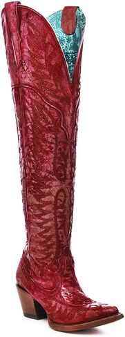 Corral Boots Women's Red Handcrafted Western Boots | J Toe Tall Cowboy Boots with Distressed Leather and Embroidery Design in Kuwait