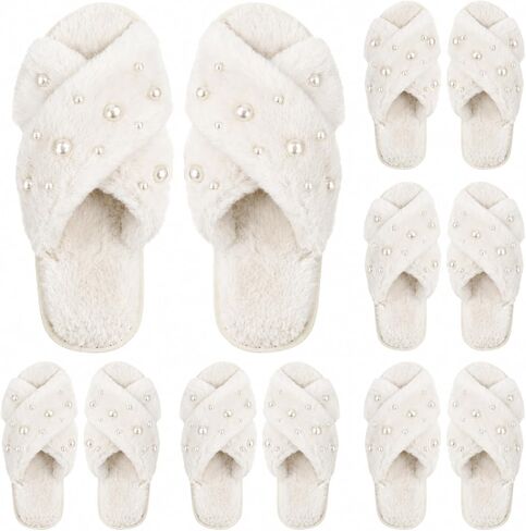 6 Pairs Bride Slippers for Wedding Day, 7-9 Bridesmaid Slippers Off-White | Plush Cross Band Design with Non Slip Rubber Sole, Bridal Slippers for Bridal Shower Bachelorette Getting Ready in Kuwait