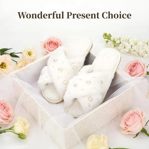6 Pairs Bride Slippers for Wedding Day, 7-9 Bridesmaid Slippers Off-White | Plush Cross Band Design with Non Slip Rubber Sole, Bridal Slippers for Bridal Shower Bachelorette Getting Ready in Kuwait