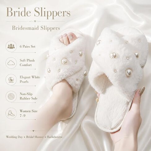 6 Pairs Bride Slippers for Wedding Day, 7-9 Bridesmaid Slippers Off-White | Plush Cross Band Design with Non Slip Rubber Sole, Bridal Slippers for Bridal Shower Bachelorette Getting Ready in Kuwait