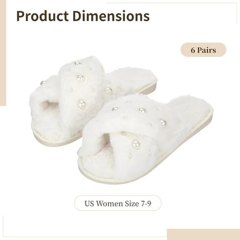 6 Pairs Bride Slippers for Wedding Day, 7-9 Bridesmaid Slippers Off-White | Plush Cross Band Design with Non Slip Rubber Sole, Bridal Slippers for Bridal Shower Bachelorette Getting Ready in Kuwait