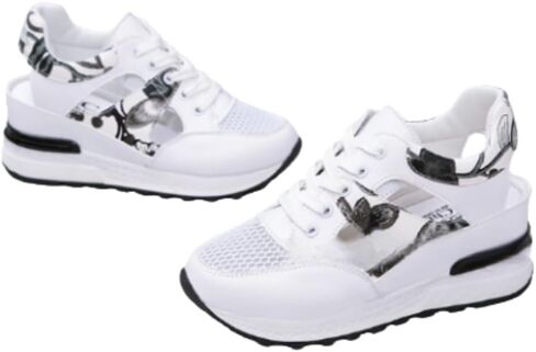 Leaf Embroidered Mesh Wedge Sandals - Women's Comfort Casual Sneakers, Lace Up Thick Soled Women's Sneaker in Kuwait