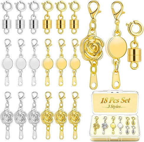 18 Pcs 3 Styles Magnetic Necklace Clasps and Closures, Rose Round Cylindrical Jewelry Magnetic Clasp Connector Locking Magnetic Clasp Bracelet Extender for Jewelry Making (Gold, Silver) in Saudi Arabia