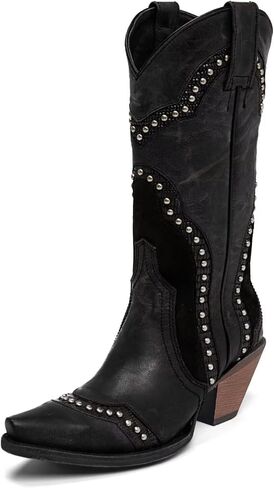 Agodor Black Cowboy Boots For Women Cowgirl Ladies Mid Calf Boots with Classic Studded, Pointed Toe Chunky Heel Pull On Fashion Dress Wedding Western Booties US8 in Kuwait