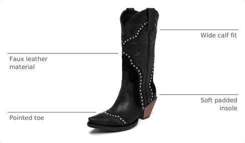 Agodor Black Cowboy Boots For Women Cowgirl Ladies Mid Calf Boots with Classic Studded, Pointed Toe Chunky Heel Pull On Fashion Dress Wedding Western Booties US8 in Kuwait
