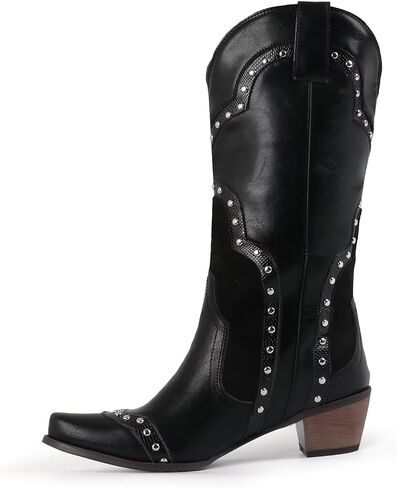 Agodor Black Cowboy Boots For Women Cowgirl Ladies Mid Calf Boots with Classic Studded, Pointed Toe Chunky Heel Pull On Fashion Dress Wedding Western Booties US8 in Kuwait