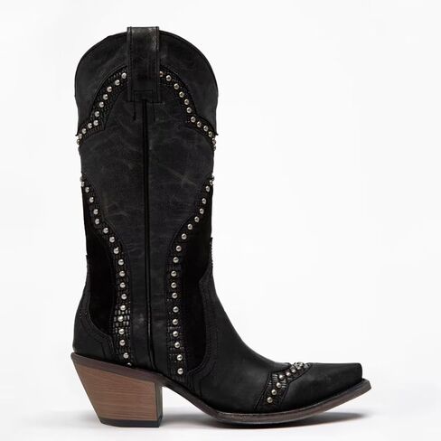 Agodor Black Cowboy Boots For Women Cowgirl Ladies Mid Calf Boots with Classic Studded, Pointed Toe Chunky Heel Pull On Fashion Dress Wedding Western Booties US8 in Kuwait