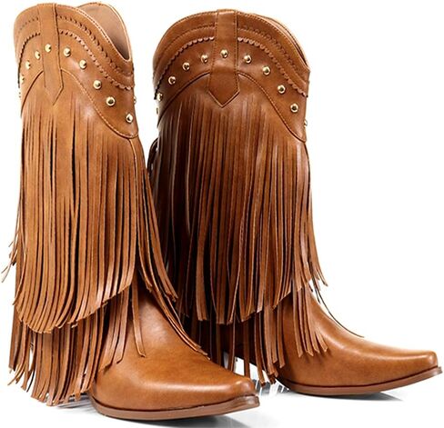 Liliana Women Fringe Cowboy Cowgirl Boots Pull On Western Mid Calf Booties in Kuwait