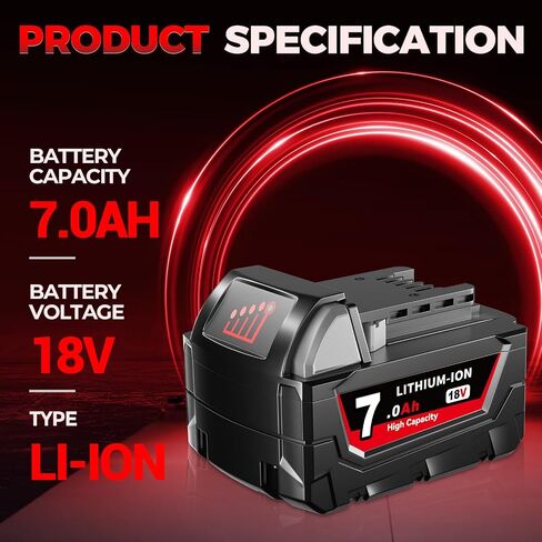 7.0Ah 18V 2 Pack Li-ion Replacement for Milwaukee Battery 48-11-1852 | Fits 48-11-1860 48-11-1850 48-11-1840 48-11-1828 tools. Lithium-ion cells, LED fuel gauge. Drills, saws, trimmers in Kuwait