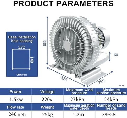 High-Pressure Regenerative Vortex Blower,High-Pressure Pool Aeration & Oxygenation Machine, 1.5KW Industrial Side Channel Blower for Fish Pond, Enhance Water Quality & Aquatic Life, 220V Reg in Kuwait