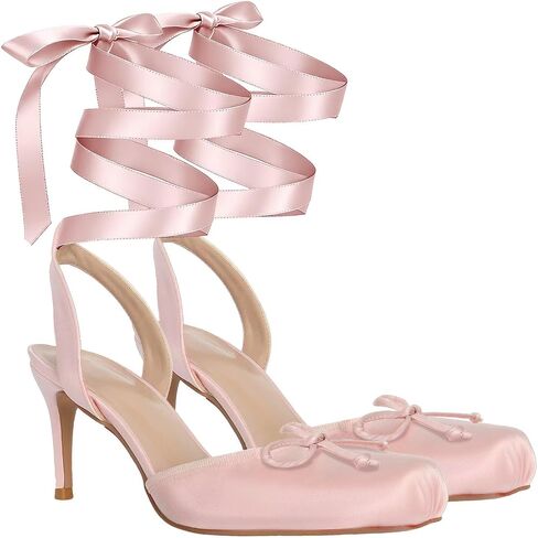 Agodor Satin Ballet Heels for Women, Lace Up Ballet Pumps with Bow,Square Toe High Slingback Heel Strappy Elegant Dress Stiletto Mary Jane Ballerina Shoes for Party and Wedding in Kuwait
