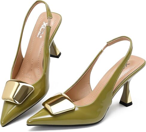 XCM Women's Closed Pointed Toe Slingback Heels Patent Leather Pumps | Comfortable 3 Inch Kitten Heels Dress Shoes for Wedding Office Party Casual Office Vacation in Kuwait