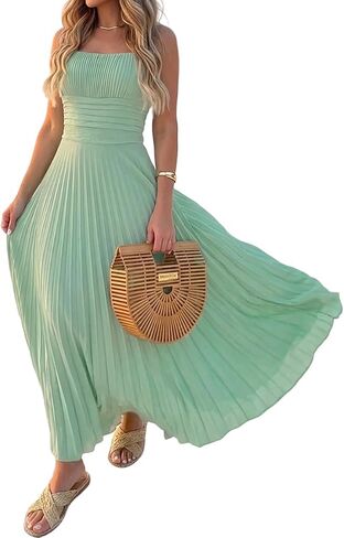 CHCIME Maxi Dress for Women French Style Square Neck Adjustable Straps Backless Pleated Vacation Dress in Saudi Arabia