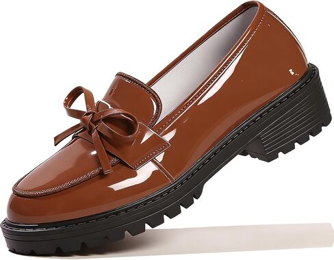 Women's Patent Leather Chunky Heel Bow Loafers Fashion Round Toe Low Square Heel Lug Sole Elegant Dress Shoes for Daily Birthday Party Wedding Bridal in Kuwait
