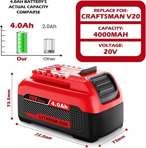 Abeden Replacement for Craftsman 20V Battery | 2-Pack 4.0Ah Lithium-ion Replace Craftsman V20 Battery,Compatible with CMCB205, CMCB204, CMCB206 in Kuwait
