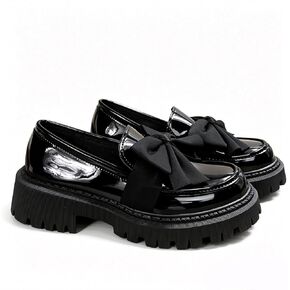 GeeYea Women Black Glossy Patent Leather Loafers, Slip On Bow Decor Platform Chunky Lug Sole Shoes, Non Slip Thick Sole Dress Loafers for Office Work Casual Daily Wear in Kuwait