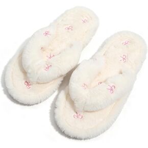 Molodo Embroidered Bow Fuzzy Flip Flops Soft Plush Thong Open Toe Indoor Furry House Slippers for Women in Kuwait