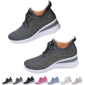 Women's Glittery Rhinestone Fashion Breathable Wedge Sneakers, Mesh Lace Up Platform Sparkly Wedding Dressy Knitted Tennis Shoes in Saudi Arabia