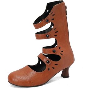 Aflngle Women's Vintage Round Toe Kitten Low Chunky Heels Back Zipper Mid Calf Boots Classic Button Hollow Out Gothic Victorian Witch Booties in Kuwait