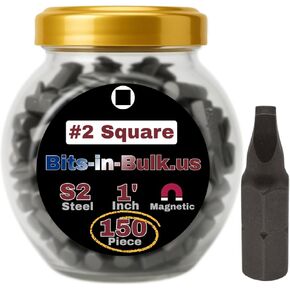 150 Piece Square/Robertson #2 Screwdriver Bits-in-Bulk Pack, 1 Inch, S2 Tool Steel, 1/4 inch Hex, Magnetic Tip, with Storage Jar in Kuwait
