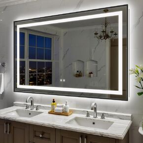 مرآة حمام LED مقاس 28 × 36 بوصة مع أضواء، مرآة زينة للحمام بإضاءة أمامية + خلفية للجدار، زجاج مقسى فائق الوضوح، مقاوم للكسر، مضاد للضباب ووظيفة الذاكرة، مدرج في قائمة ETL in Kuwait