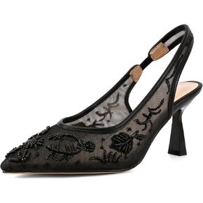 ZBOT Women's Lace Mesh Heeled Sandals with Back Strap, Embroidered Kitten Heels, Pearl Embellished Bridal Heels, Open Toe Backless Sandals in Kuwait