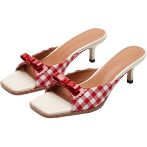 Elegant Red Gingham Kitten Heels, Chic Bow Decor & Square Toe, Breathable Fabric Mules, Comfortable 2-Inch Low Heel Sandals for Summer Weddings, Parties & Vacations in Kuwait