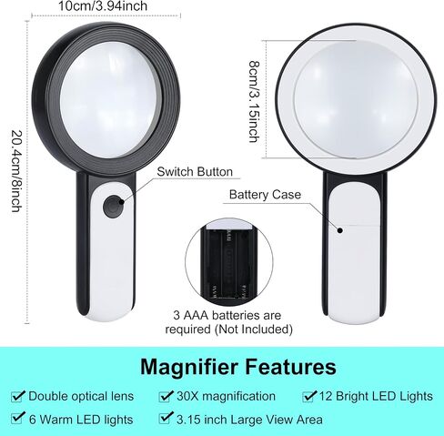 Handheld Magnifying Glass with Light, 30X 4IN Large Lighted Magnifier Glasses 18 LED 3 Modes Illuminated Magnify Lens for Seniors Rreading Book Macular Degeneration Coins Jewelry Kid Hobby Gifts in Saudi Arabia