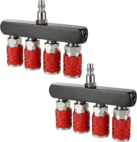 2Pcs 4 Way Straight Air Manifold, Air Hose Splitter 5 Ports, Aluminum Line Type Air Compressor Splitter with 4 Couplers and 1/4" Male NPT Plug in Kuwait
