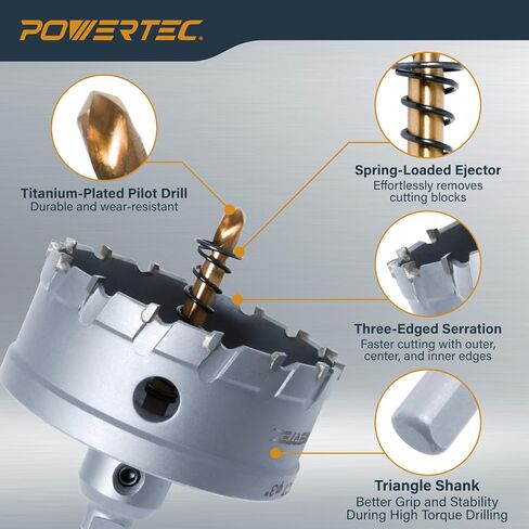 POWERTEC Tungsten Carbide Hole Saws for Soft & Hard Metal | 3" & 4" | Tungsten Carbide Tipped Hole Cutter Set with Titanium-Plated Pilot Drill Bit for Metal, Stainless Steel, Iron, Wood - 2PK (14913) in Kuwait