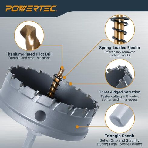 POWERTEC Tungsten Carbide Hole Saws for Soft & Hard Metal | 3" & 4" | Tungsten Carbide Tipped Hole Cutter Set with Titanium-Plated Pilot Drill Bit for Metal, Stainless Steel, Iron, Wood - 2PK (14913) in Kuwait