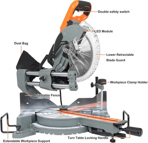 10-Inch Sliding Compound Miter Saw, Corded 15 Amp Miter Saw, Double Bevel with 100-Tooth Carbide Blade, LED Light, Angle Adjustable for Precision Cuts on Wood, Decking, Laminates in Kuwait