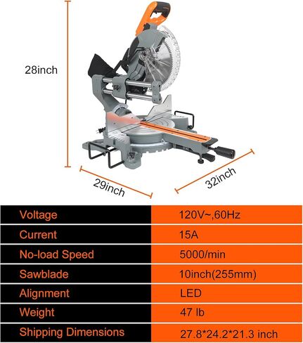 10-Inch Sliding Compound Miter Saw, Corded 15 Amp Miter Saw, Double Bevel with 100-Tooth Carbide Blade, LED Light, Angle Adjustable for Precision Cuts on Wood, Decking, Laminates in Kuwait